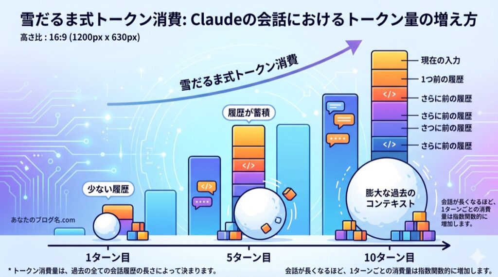 Claudeの雪だるま式トークン消費量の増え方を表した図