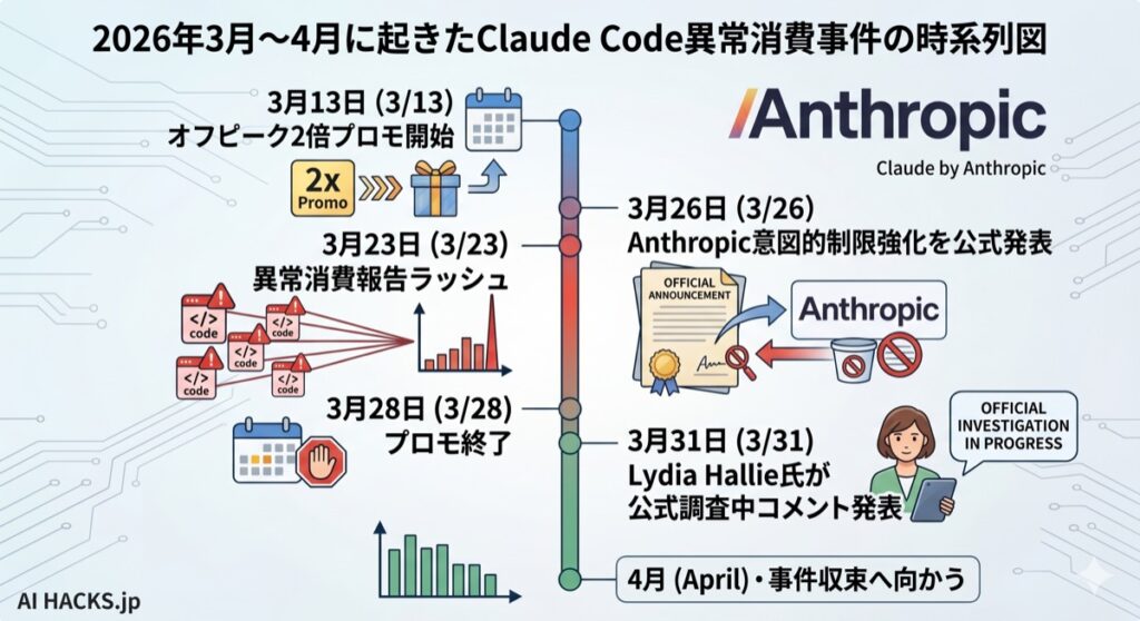 2026年3月〜4月に起きたClaude Code異常消費事件の時系列図