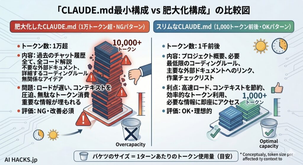 CLAUDE.mdの最適な構成と避けるべき肥大化構成の比較図