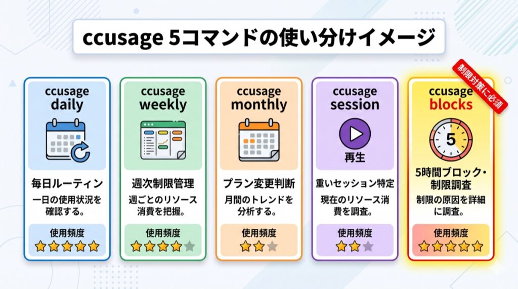 ccusageの主要5コマンドの使い分けイメージのインフォグラフィック画像