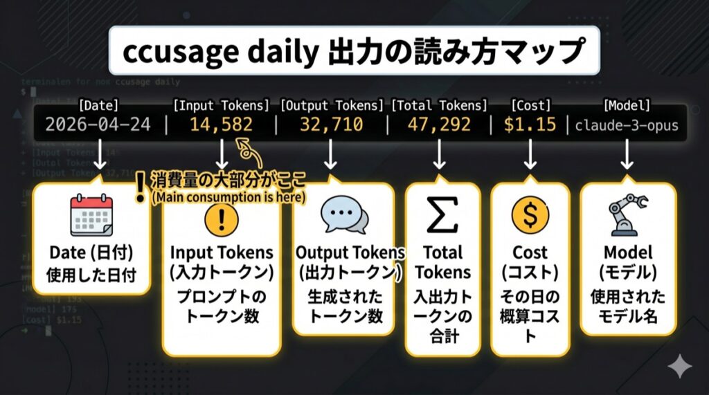 ccusage daily 出力の読み方マップのインフォグラフィック画像