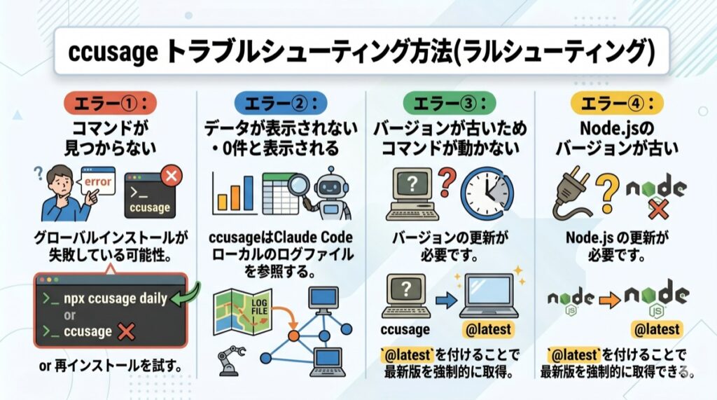 ccusageのトラブルシューティングに関する対策方法を図解したインフォグラフィック画像