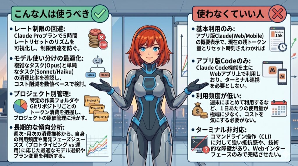 ccusageを使うべき人、使わなくていい人を視覚的に整理してまとめたインフォグラフィック画像