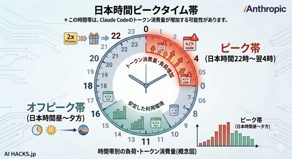 Claudeの制限消費が速いピーク時間帯とオフピーク時間帯を示した図