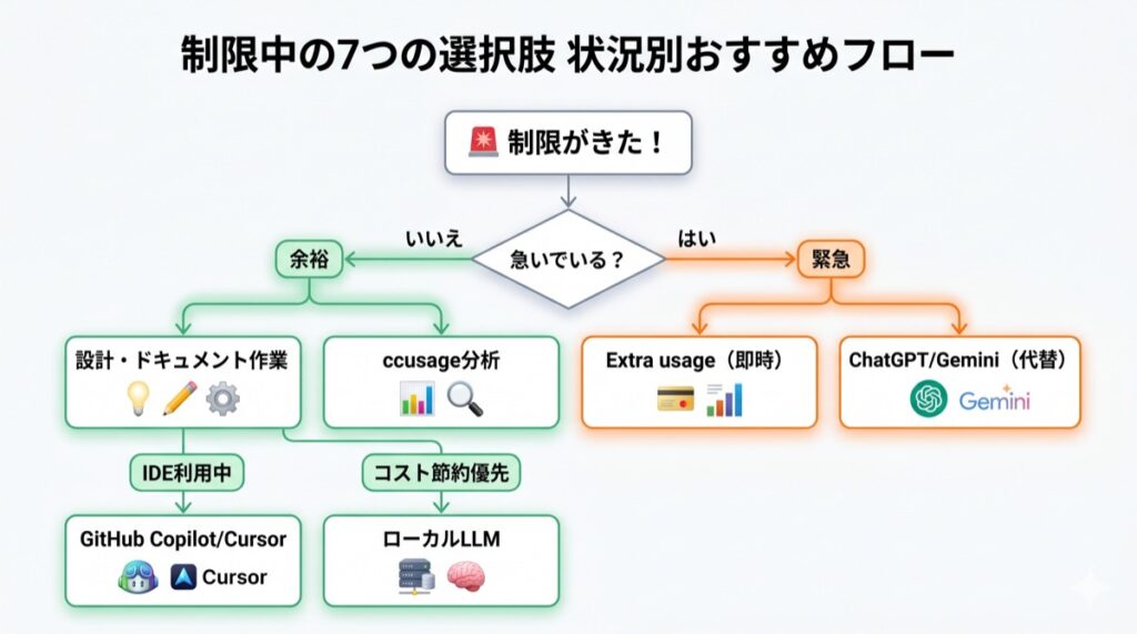 制限中の7つの選択肢の状況別おすすめフローを図解したインフォグラフィック画像