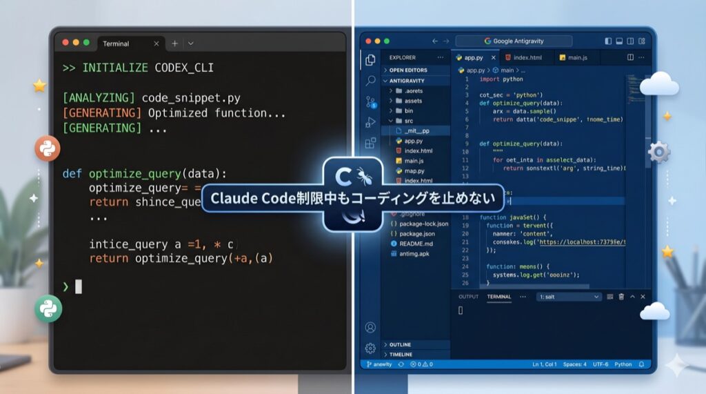 CodexとGoogle Antigravityのコーディング画面を並べた画像
