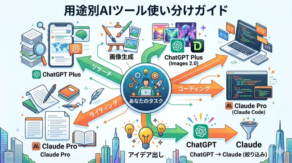 用途別にClaude ProとChatGPT Plusを使い分けるフロー図