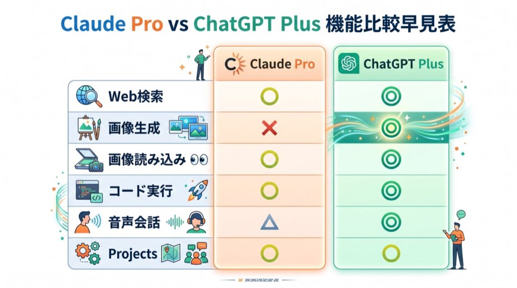 Claude ProとChatGPT Plusの機能を◎○△×で比較した早見表