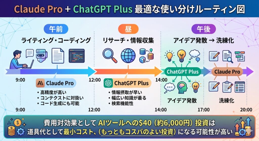 Claude ProとChatGPT Plusを1日の作業フローで使い分けるルーティン図