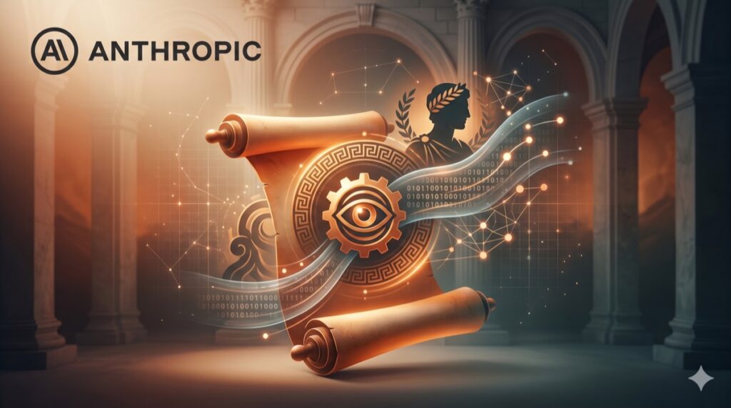 Anthropicのロゴと神話のMythosを重ねた神秘的なイメージ画像