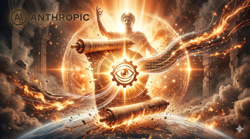 Anthropicロゴと、神話のMythosが、核兵器のようなパワーで世界を揺るがしているイメージ画像