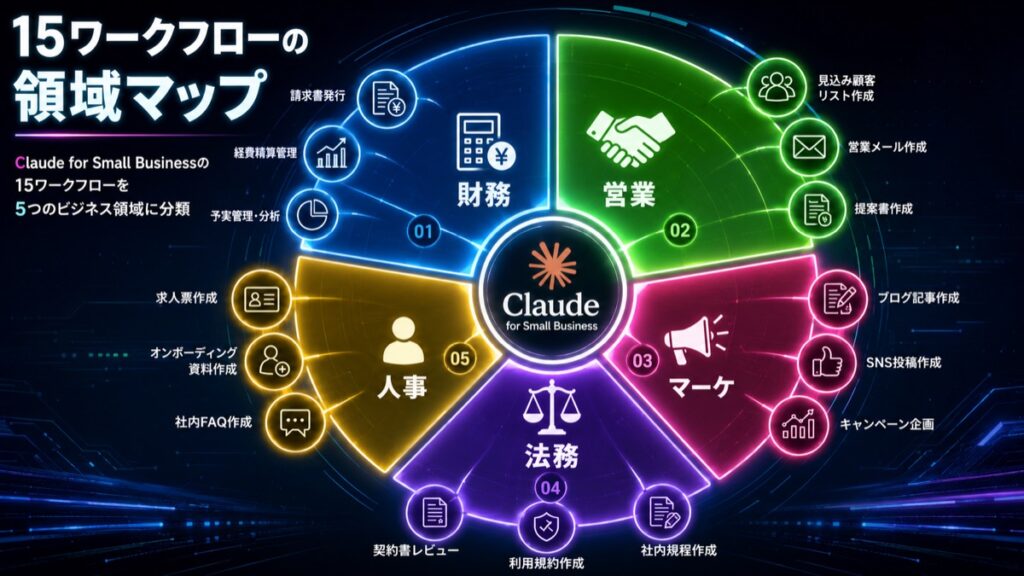 Claude for Small Businessの15ワークフローを財務・営業・マーケ・法務・人事の5領域に分類した図