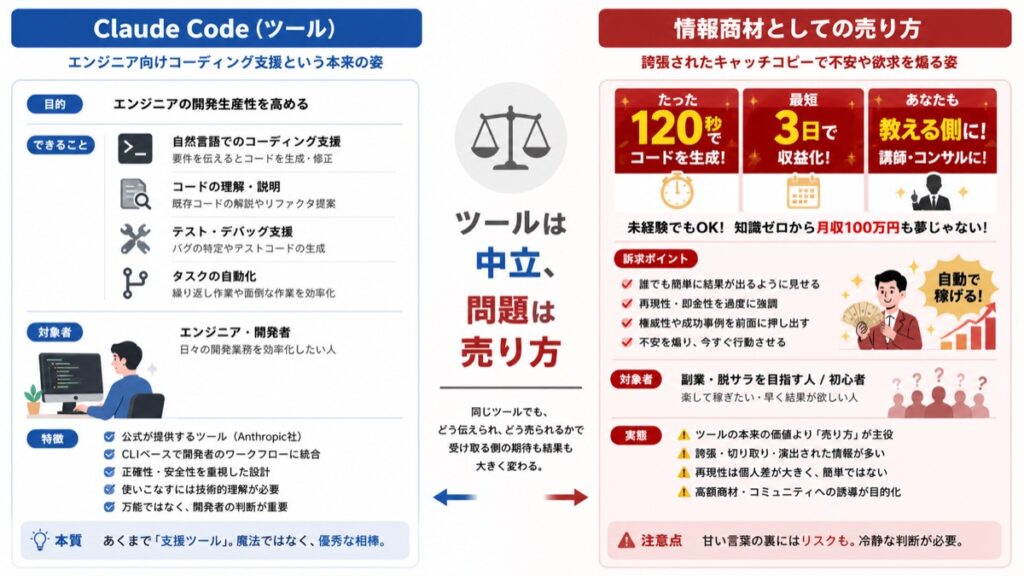 Claude Codeの本来の姿と情報商材化された姿の比較図