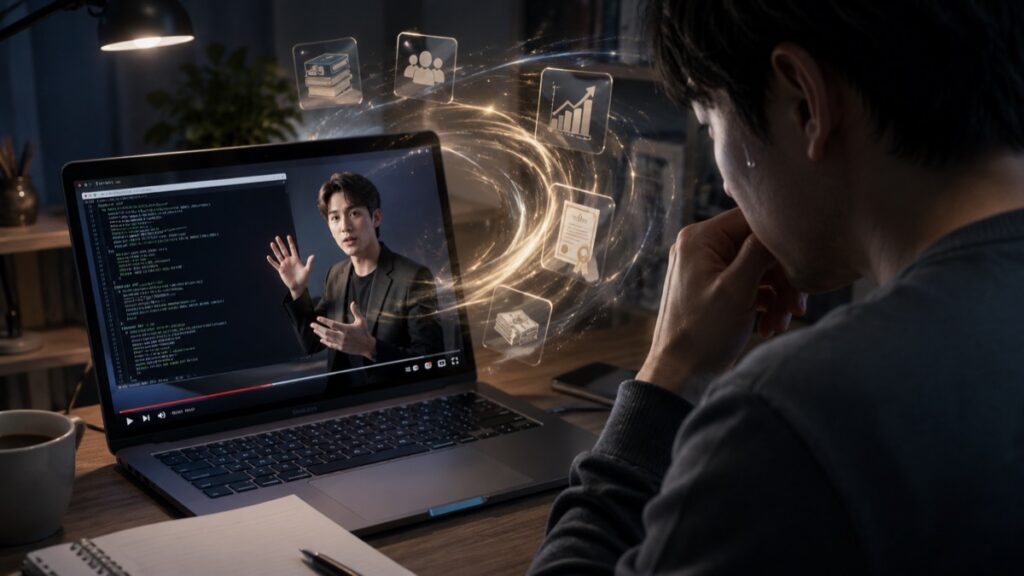情報商材販売者によるターミナル画面の演出に引き込まれるユーザーのイメージ画像