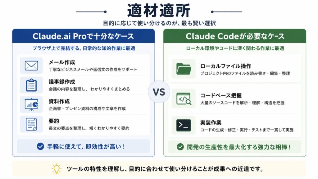 Claude.ai ProとClaude Codeの使い分けを示す比較表