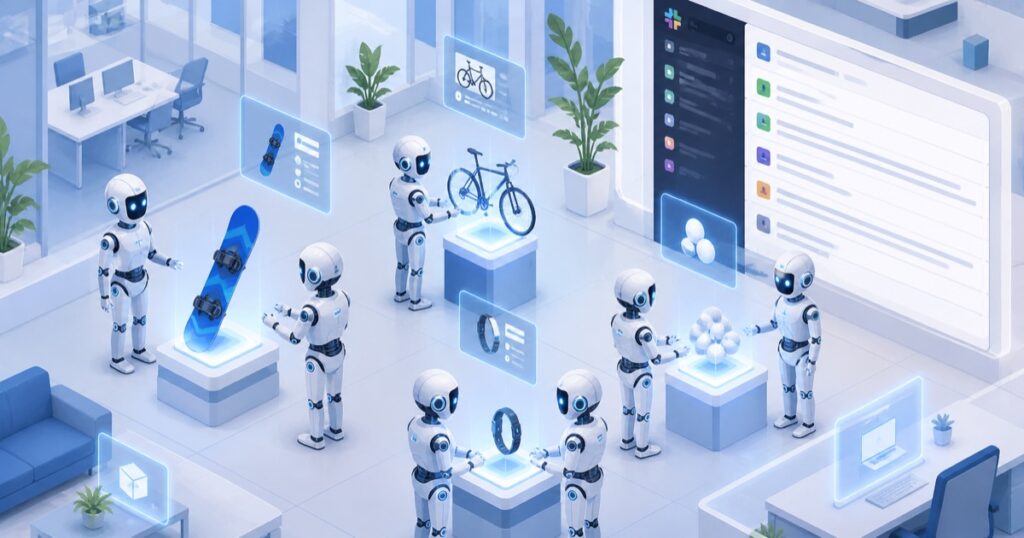 AIエージェント同士がオフィス内の仮想マーケットで自律的に商品を売買している様子のイラスト