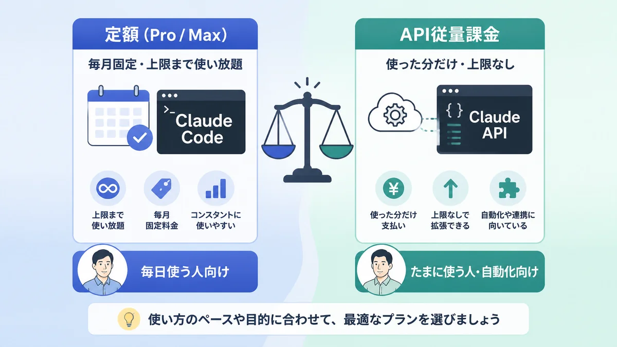 Claude Codeの定額プランとAPI従量課金を比較した図解