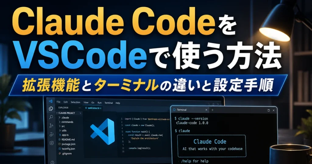 Claude CodeをVSCodeで使う方法を解説するアイキャッチ画像