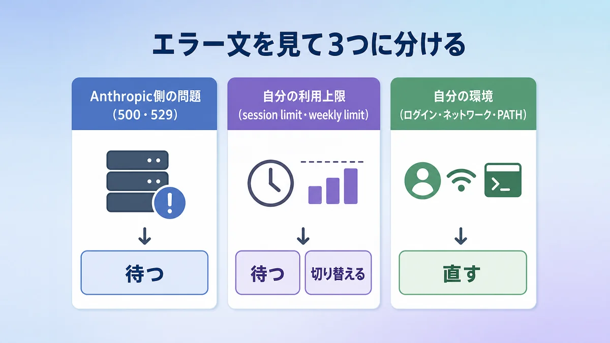 Claude Codeのエラーを、Anthropic側の問題・利用上限・自分の環境の3つに分けて対処を決める判定図