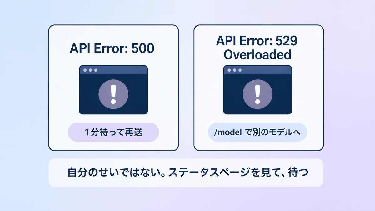 Claude Codeの500エラーと529エラーの対処法を並べて示した図解