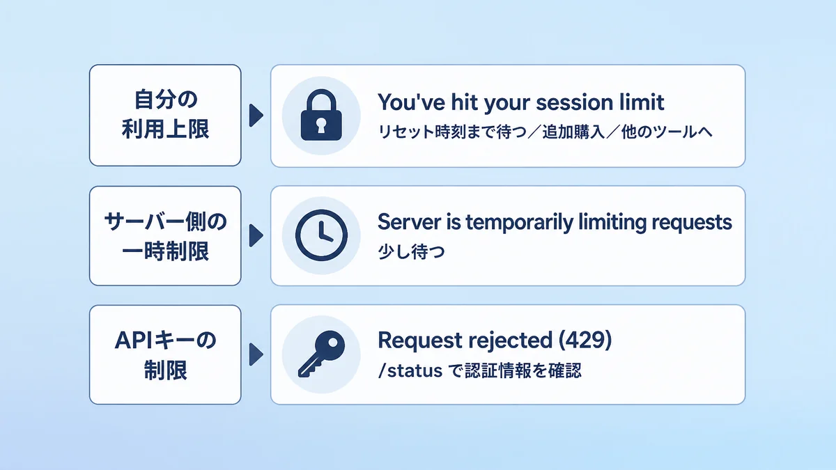 Claude Codeの利用上限と429エラーを、エラー文ごとに見分けて対処する図解