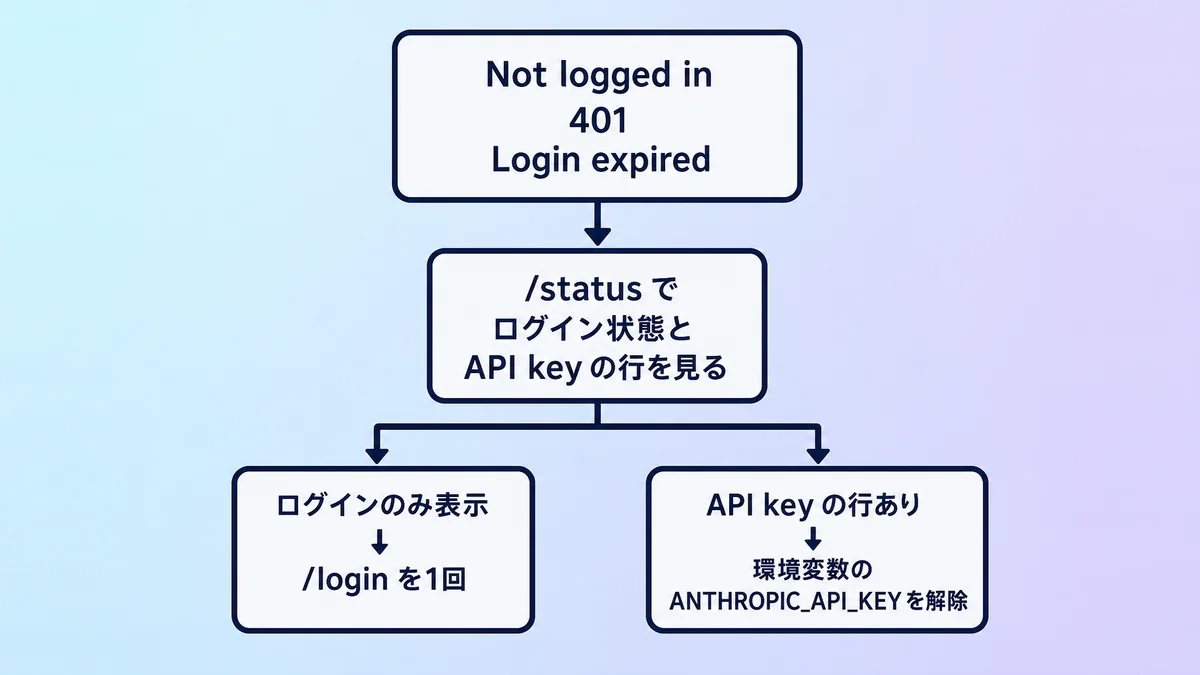 Claude Codeのログインエラーと認証エラー（401）を、/statusで原因を見分けて直す流れ図
