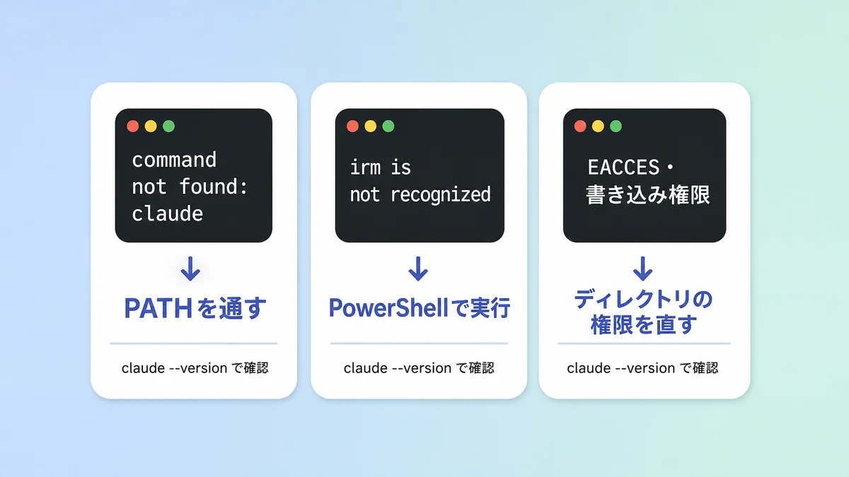 Claude Codeのインストールエラーで多い3つの原因と対処を示した図解