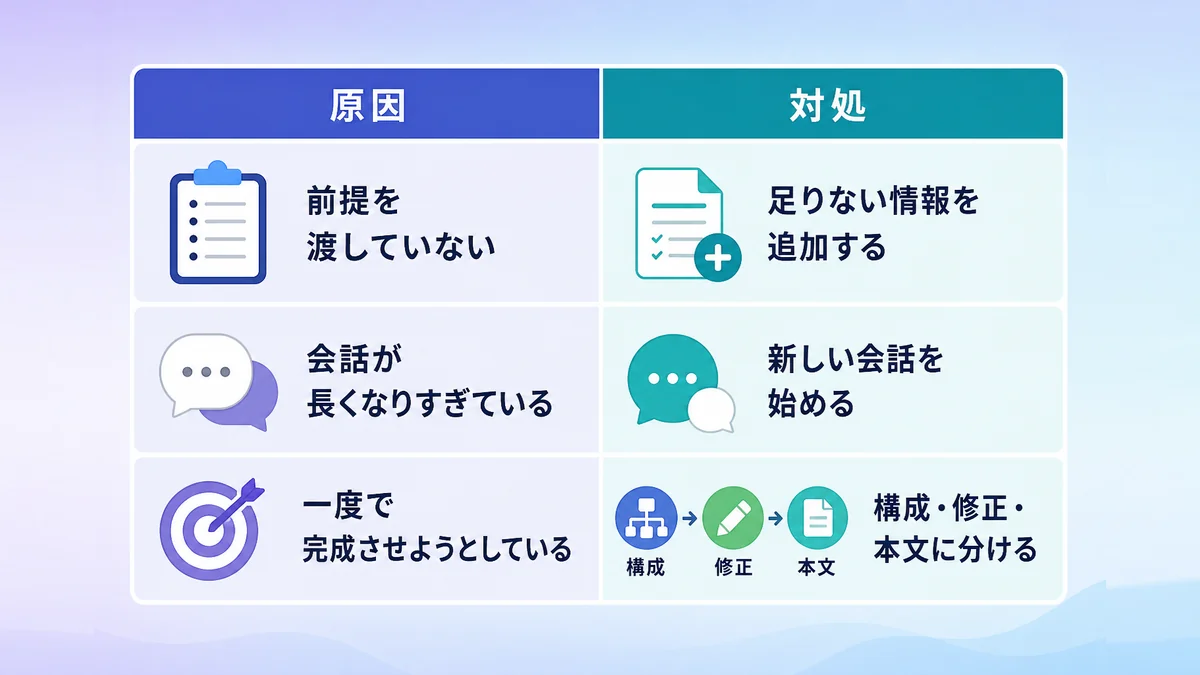 Claudeの回答が期待とずれる3つの原因とその対処法を示した図解