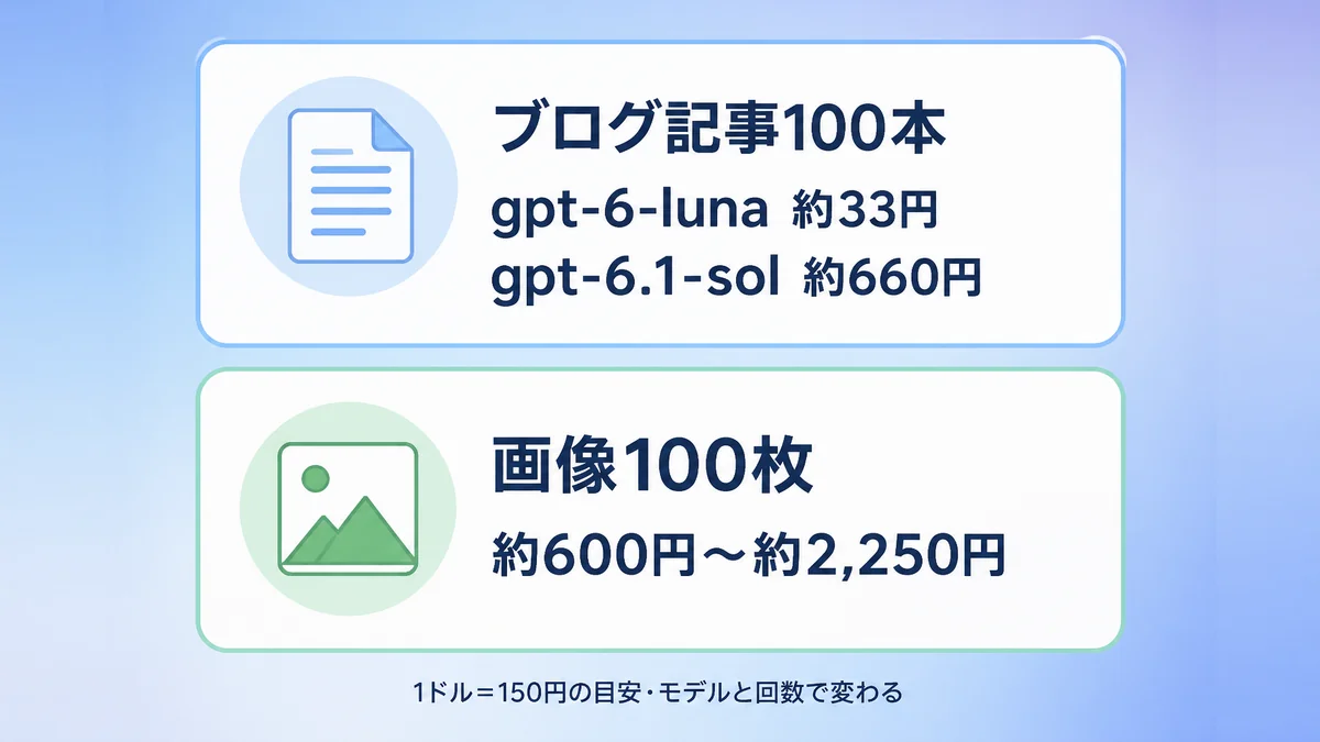 ChatGPT APIを個人で使ったときの、文章生成100本と画像生成100枚の月額を円の目安で示した図解