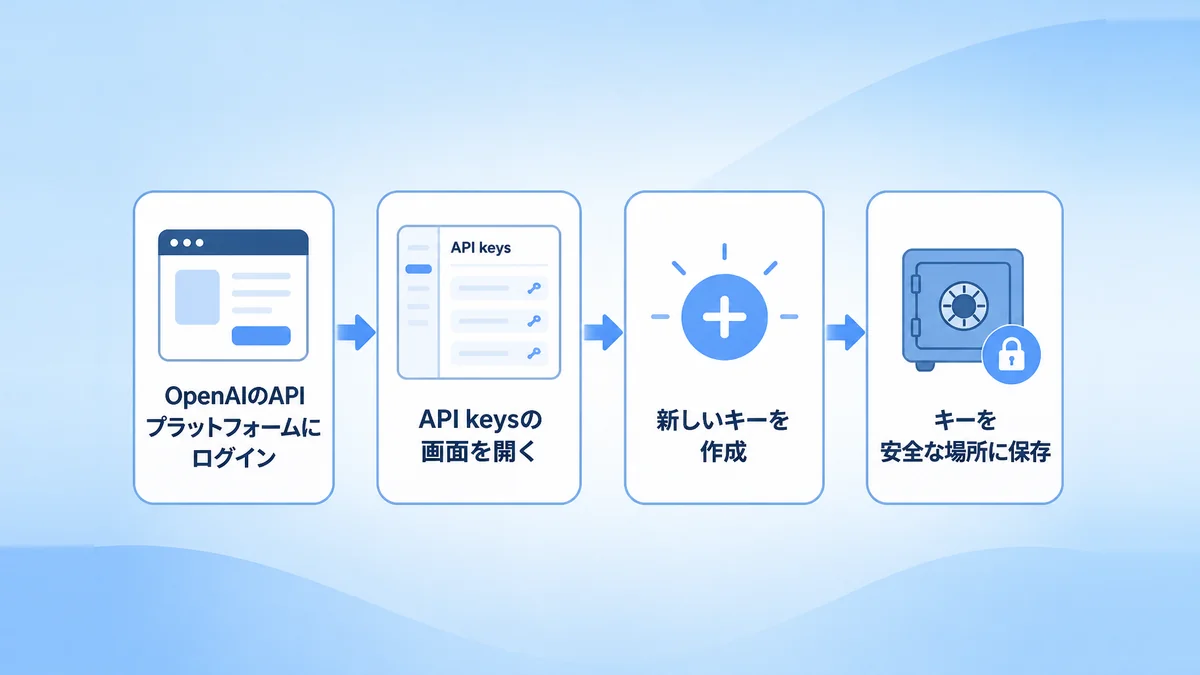 ChatGPT APIキーを発行して保存するまでの4つの手順を示した図解