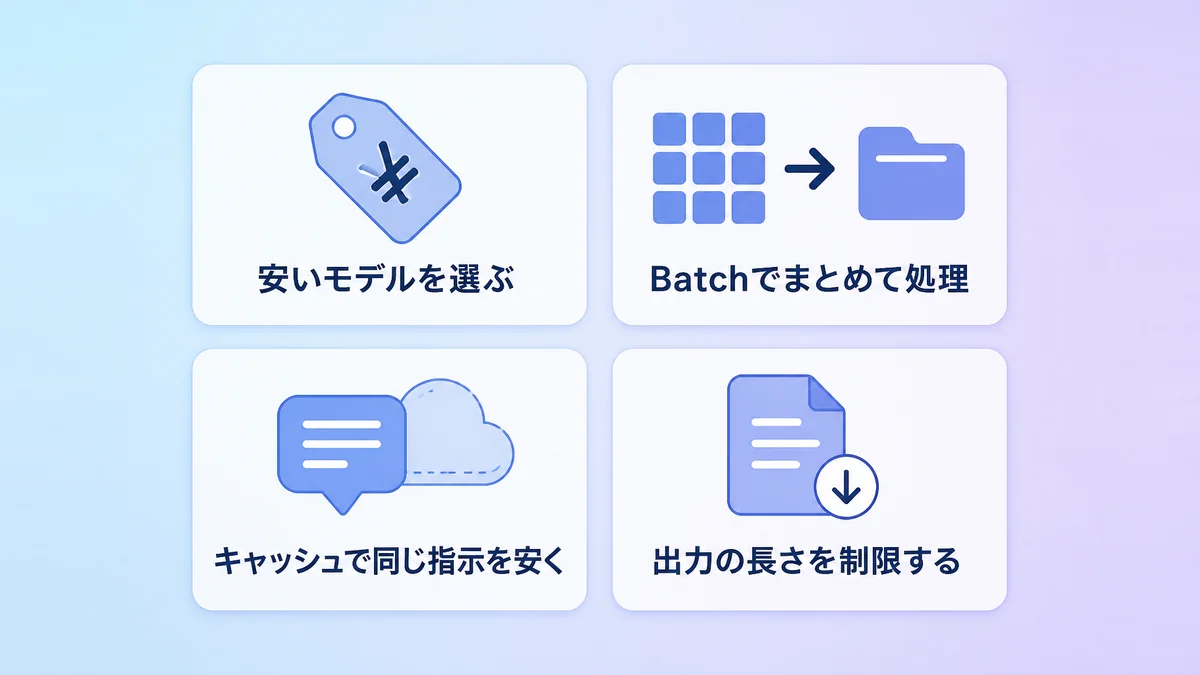 ChatGPT APIの料金を節約する4つの方法を並べた図解